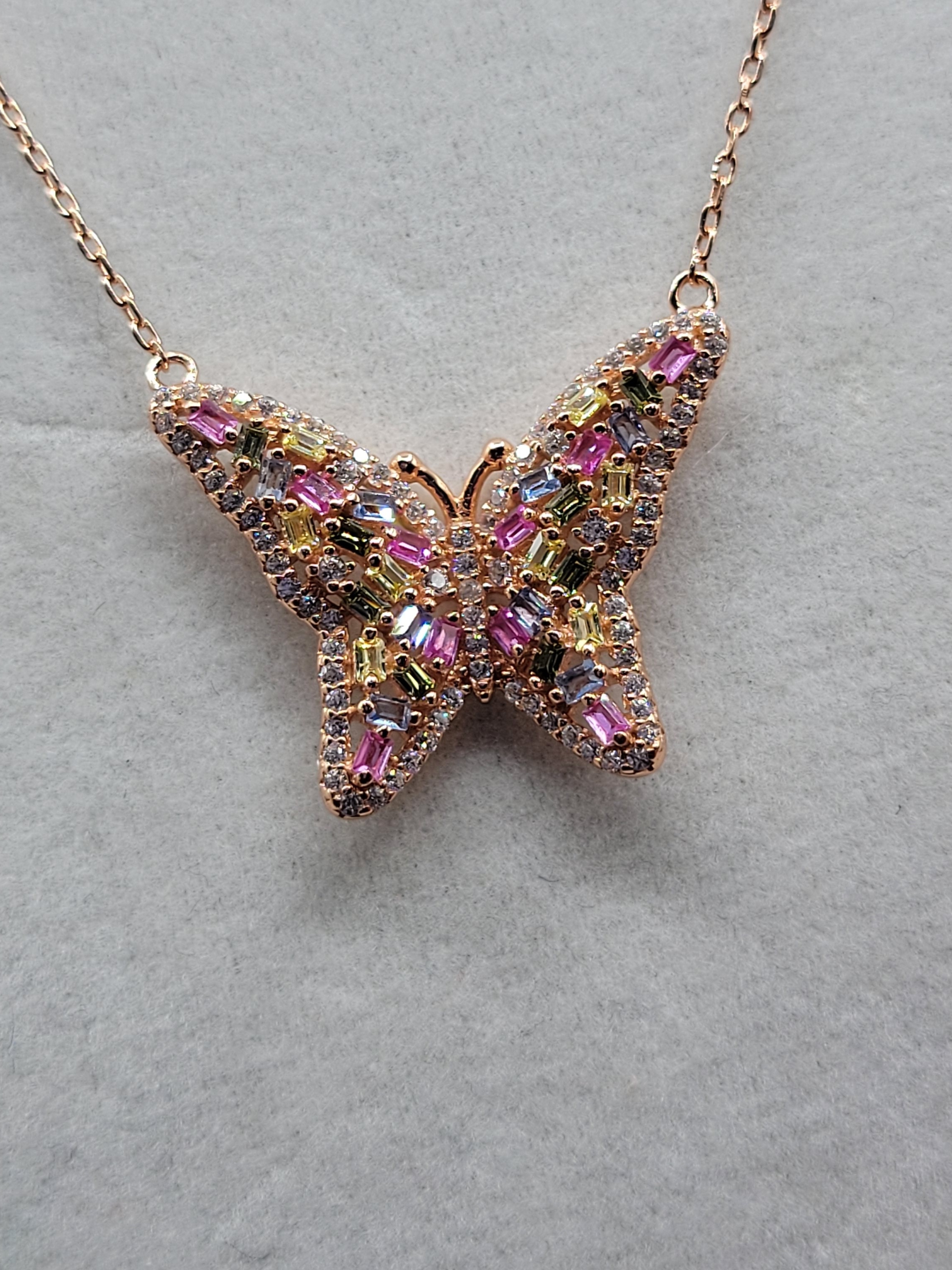 Hey Butterfly! Stunning Rose Gold Pendant Necklace Encrusted W/ Pink Cz Accents